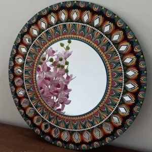 Unique Dotted Mandala Original handmade painting with acrylic colors wall hanging for living room, wall decor green with mirror 16×16 inch