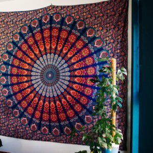 Fabric Mandala Wall Hanging – Blue & Orange Bohemian Cotton Tapestry | Mystic Mandala Studio