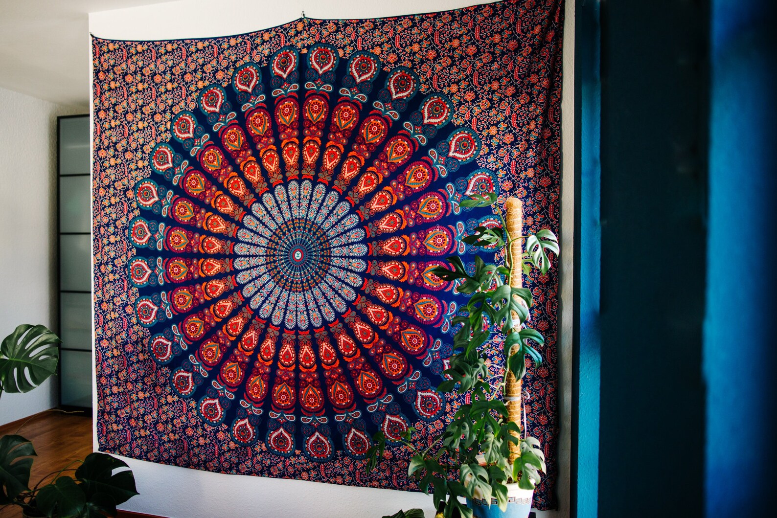 Fabric Mandala Wall Hanging – Blue & Orange Bohemian Cotton Tapestry | Mystic Mandala Studio - Image 2
