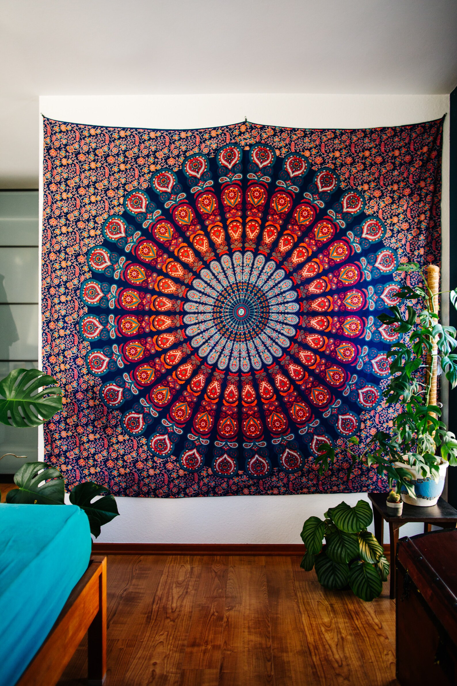 Fabric Mandala Wall Hanging – Blue & Orange Bohemian Cotton Tapestry | Mystic Mandala Studio - Image 4